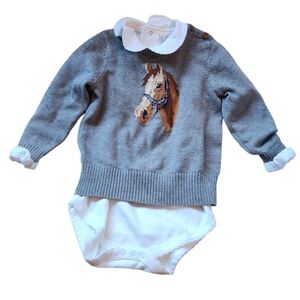 Hope & Henry Gray Horse Intarsia Pull Over Sweater And White Onesie